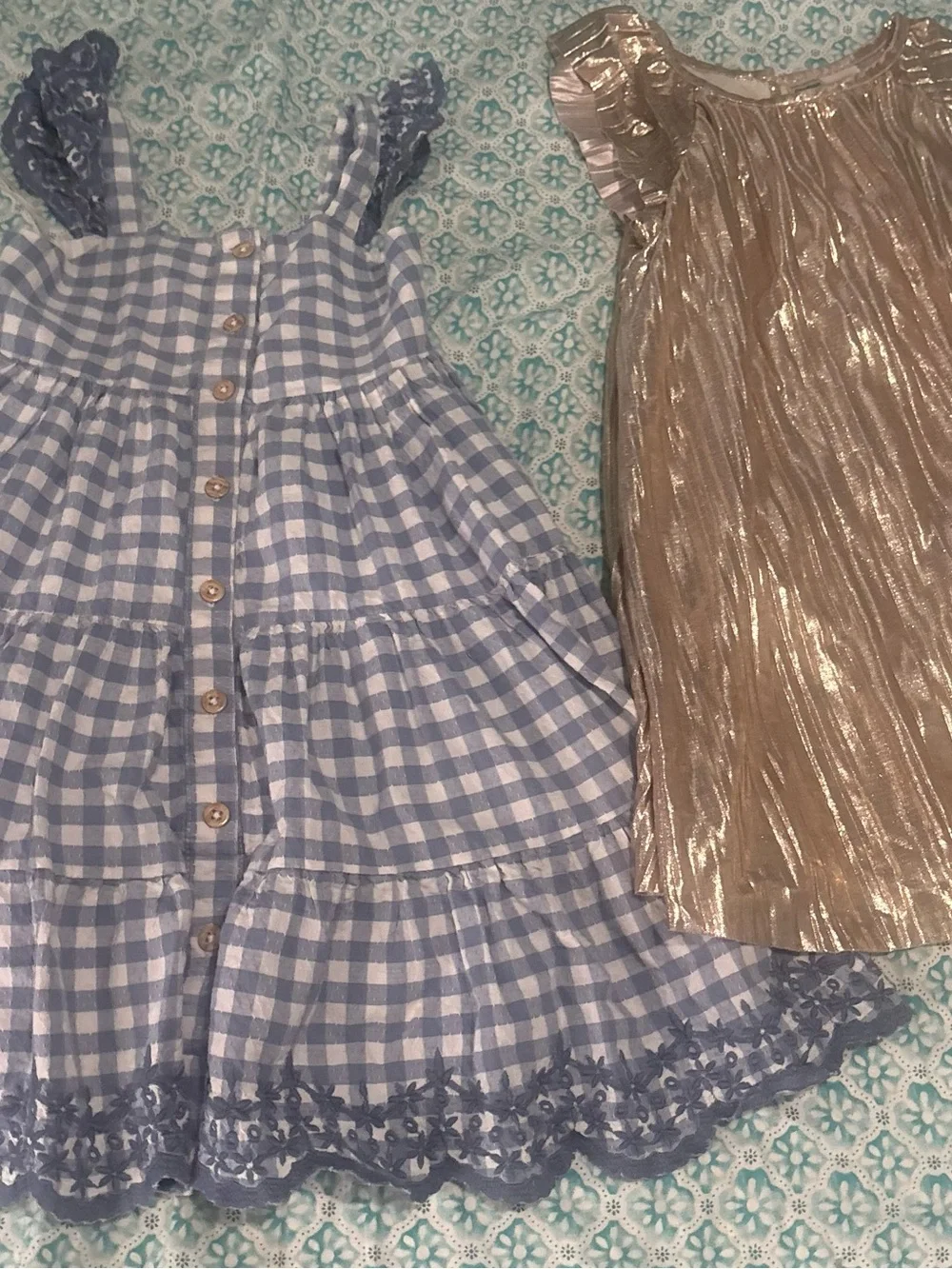 Shabby Chic Blue Gingham Dress & Gold Metallic Party Dress lot of 2 dresses